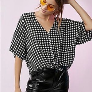 Express Black and White Checkered Tie Blouse